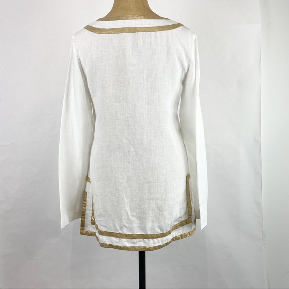 MICHAEL KORS COLLECTION White 100% Linen Tunic with Gold Metallic Trim Size 2 - Picture 2 of 10